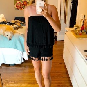 Boohoo Strapless Black Tassel Romper
